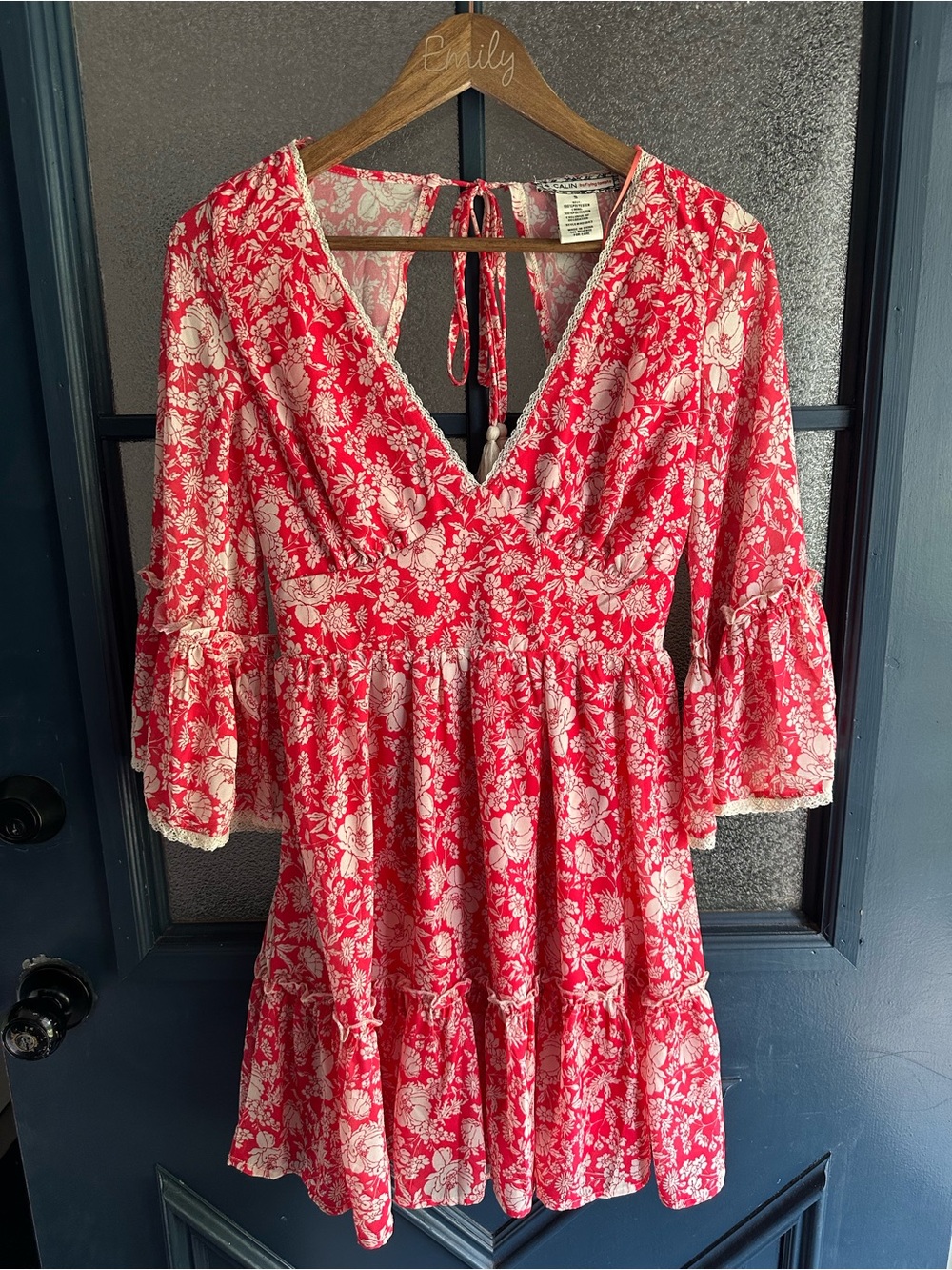 Floral Red V-Neck Tiered Mini Dress with Tie Back